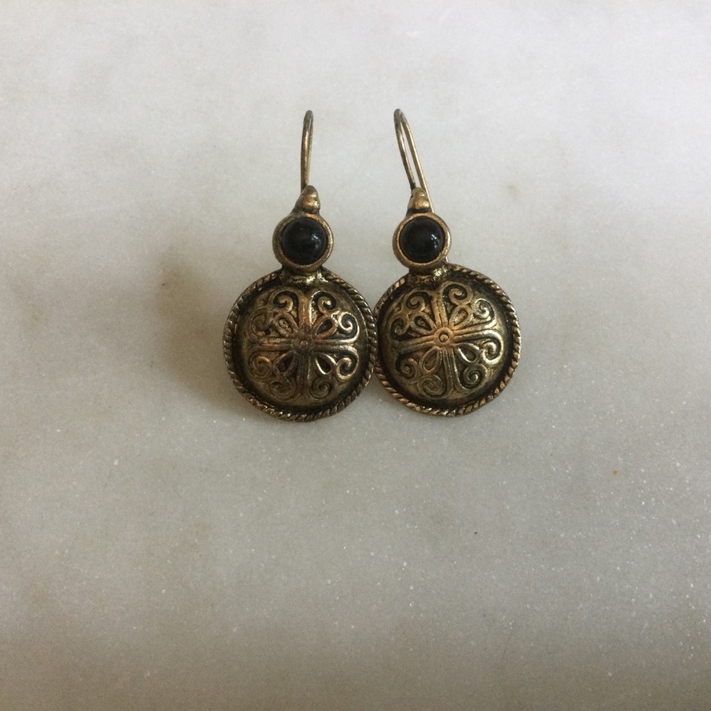 French Hook Black & Brass  Tone Earrings